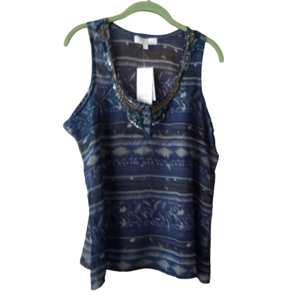 Solitaire Teal Multi Sheer Pullover Boho Print Beaded Neckline Top Large NWT